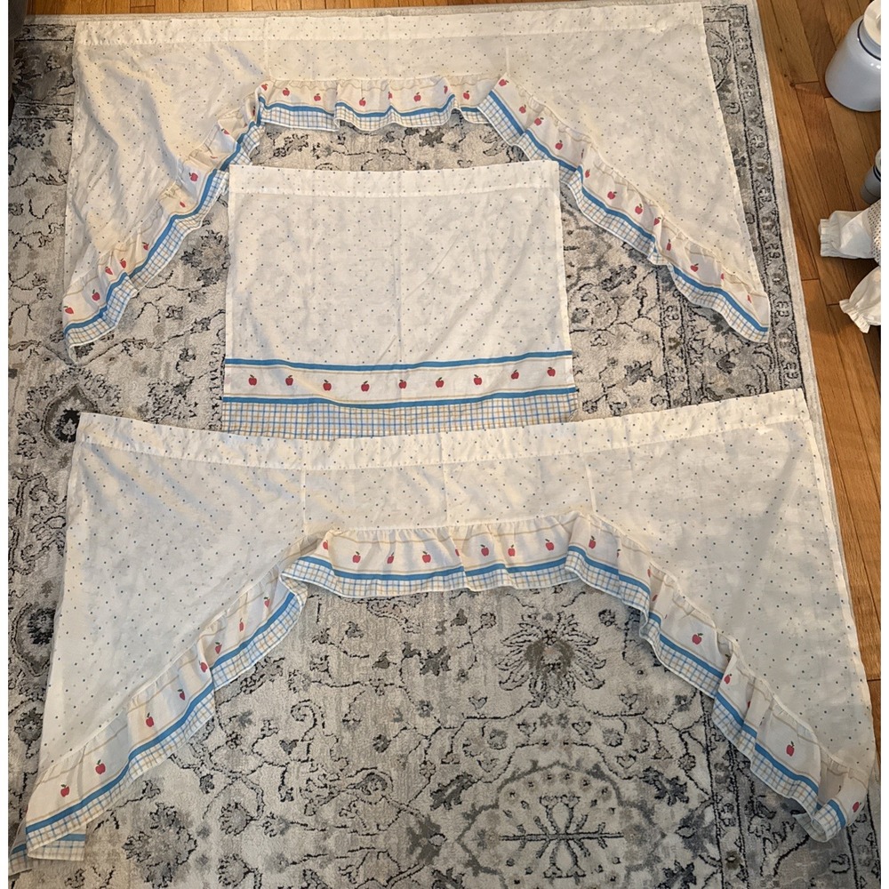 Vintage 80's 90's Kitchen Curtains Apples 2 Valances 56" & Panel 28" Plaid